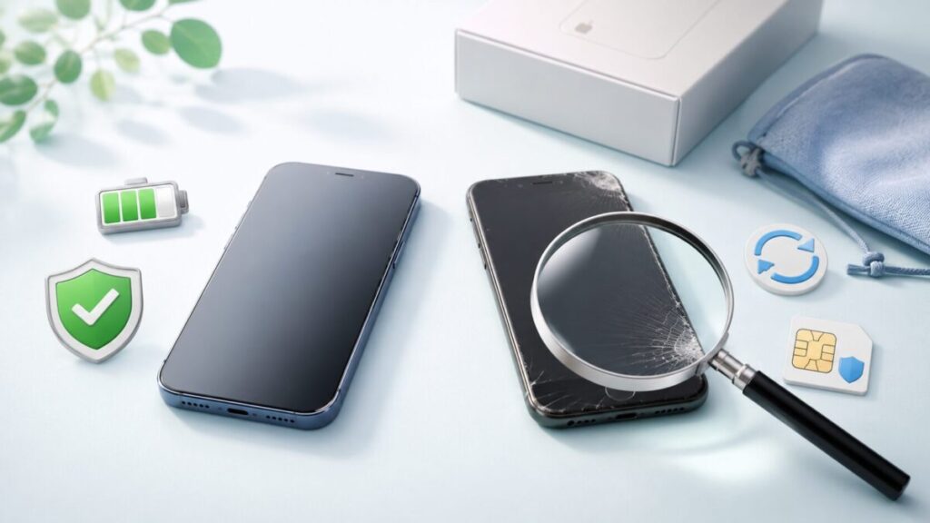 中古スマホの画面やバッテリー、SIMの状態を確認するイメージ