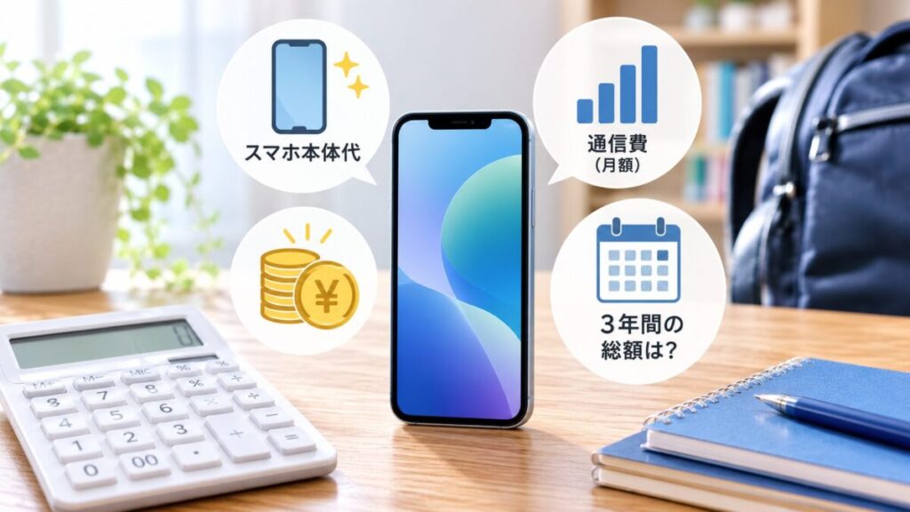 中学生のスマホ本体代と月額通信費を計算するイメージ
