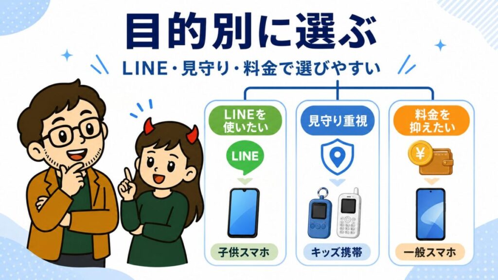 小学生向けスマホをLINE・見守り・料金の目的別に選ぶイメージ