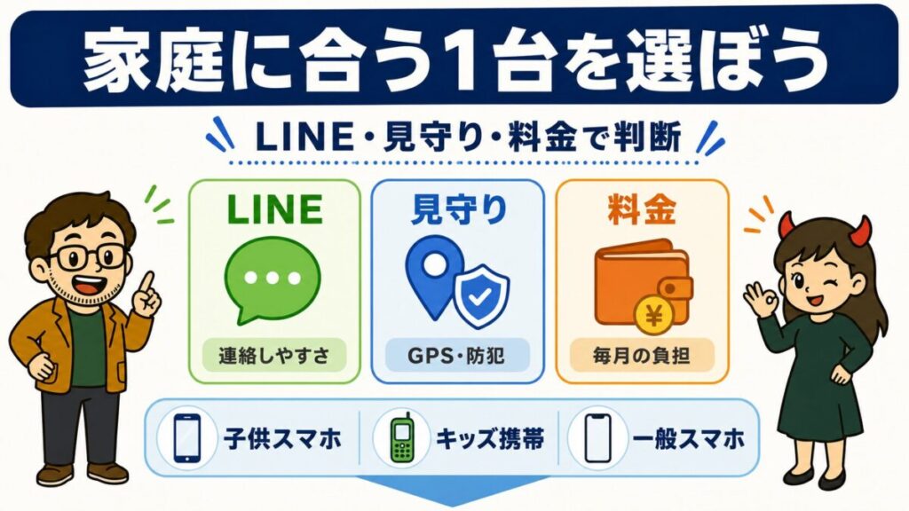家庭に必要な機能から、小学生向けの子供スマホ・キッズ携帯・一般スマホを選ぶポイントをまとめたイメージ