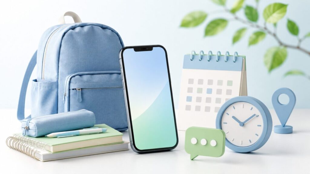 通学用品や時計、カレンダーを見ながらスマホを持たせる時期を考えるイメージ