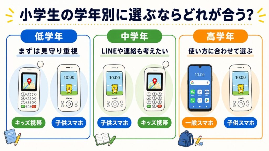 小学生の低学年・中学年・高学年別に、キッズ携帯・子供スマホ・一般スマホの選び方を比較するイメージ