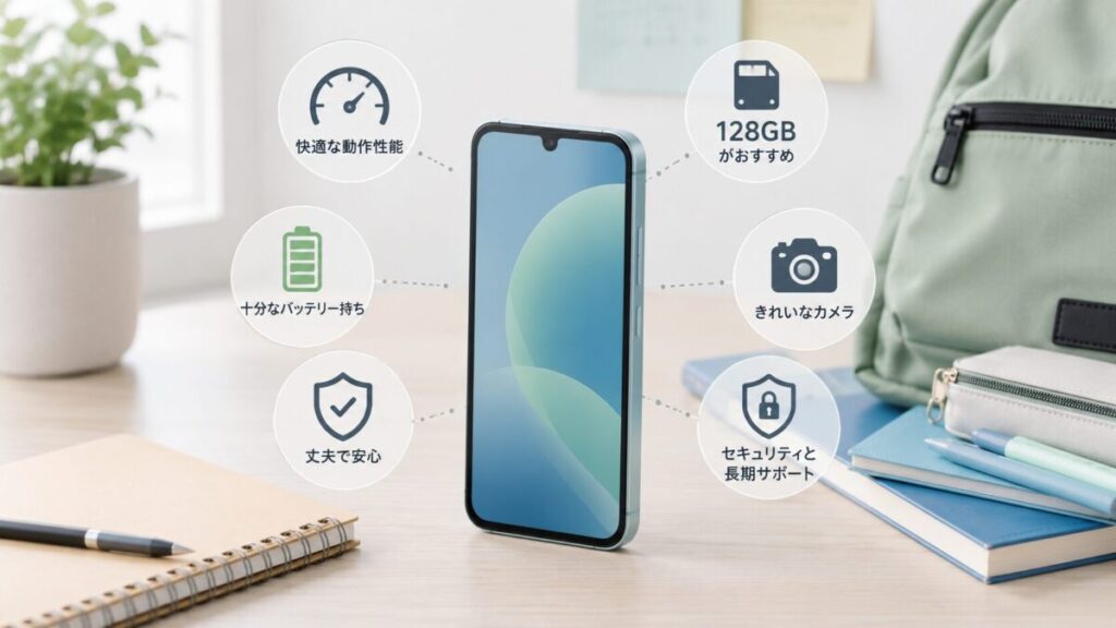 中学生向けスマホの動作性能や容量、バッテリーを確認するイメージ