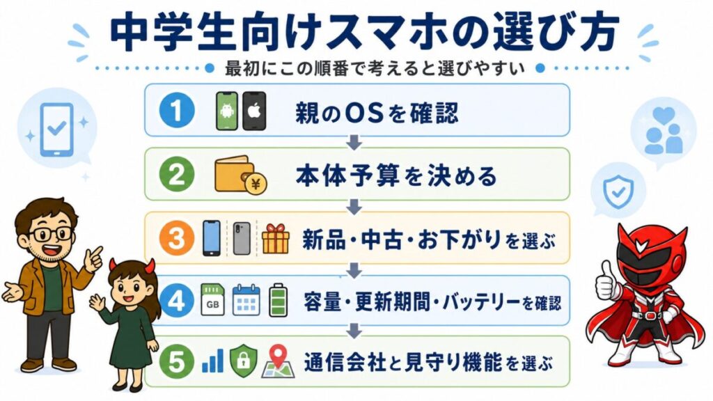 親のOS、予算、端末状態、容量・更新期間、通信会社の順に中学生向けスマホを選ぶ流れを示した図解