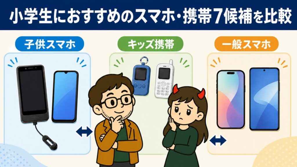 小学生におすすめのスマホ・携帯7候補を、子供スマホ・キッズ携帯・一般スマホの3種類で比較するイメージ