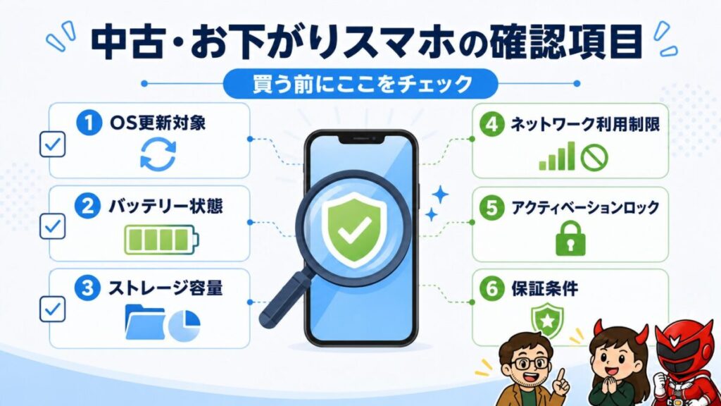 中古・お下がりスマホを選ぶ前に、OS更新、バッテリー、容量、利用制限、アクティベーションロック、保証条件を確認する図解