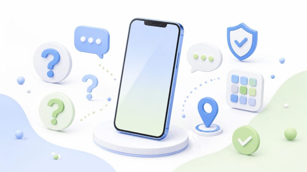 スマホの機種や安全設定、位置情報に関する疑問を表したイメージ