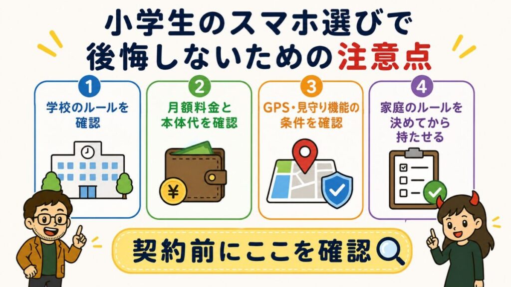 小学生のスマホ選びで後悔しないために、学校ルール・料金・GPS条件・家庭内ルールの4つの注意点を確認するイメージ