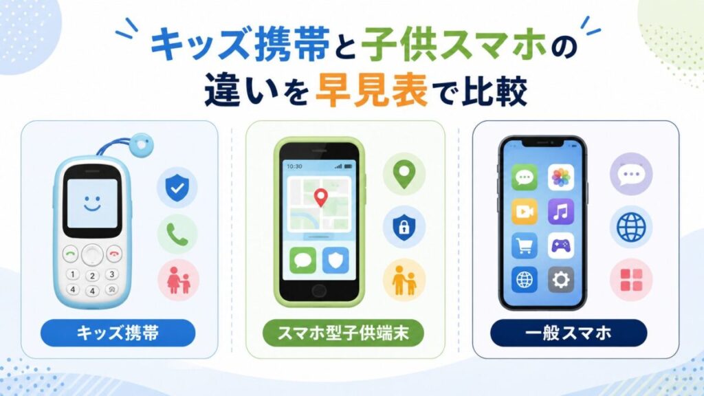 キッズ携帯、スマホ型子供端末、一般スマホの3種類を並べ、それぞれの違いを早見表で比較したイメージ画像