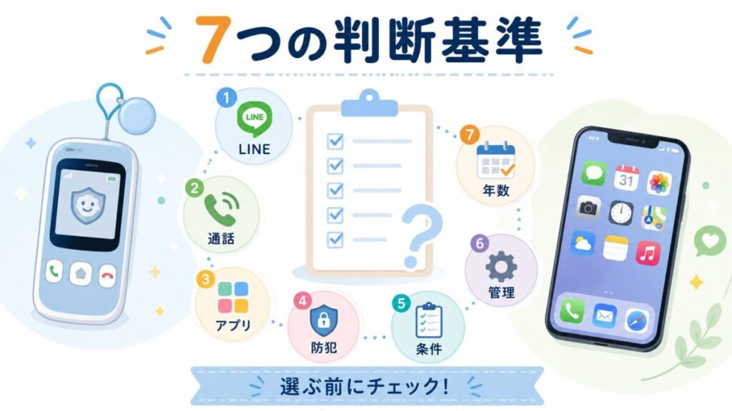 キッズ携帯とスマホの間で迷う保護者向けに、LINE、通話、アプリ、防犯、条件、管理、年数の7つの判断基準をチェックリスト風にまとめたイメージ画像