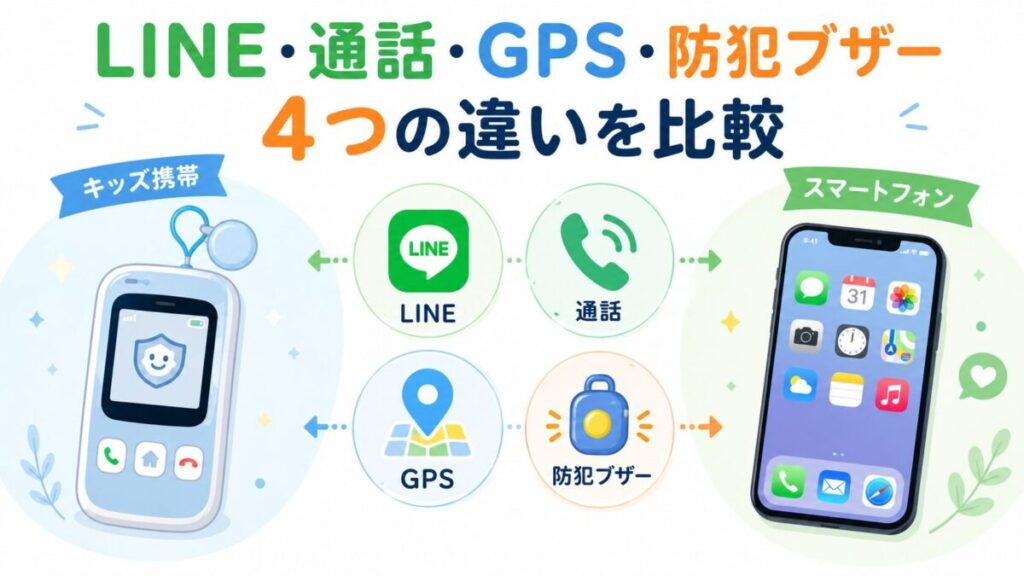 キッズ携帯とスマートフォンを左右に配置し、中央にLINE、通話、GPS、防犯ブザーの4項目を並べて違いを比較するイメージ画像