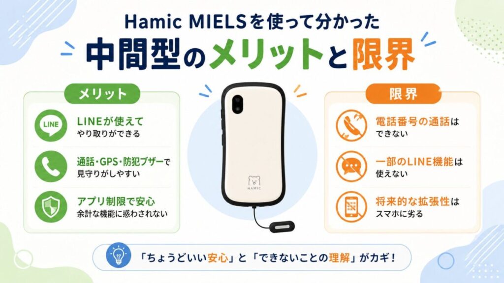 Hamic MIELSを中央に配置し、GPS・防犯ブザー・アプリ管理のメリットと、電話番号通話や一部機能に制限がある点を比較したイメージ画像