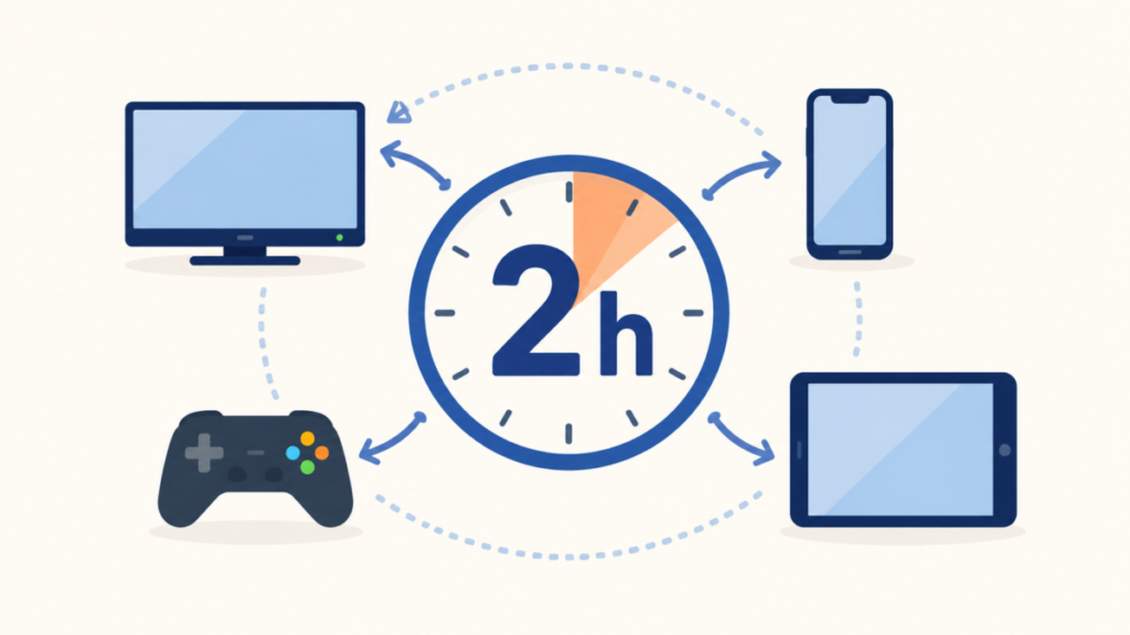 テレビ・ゲーム・スマホなどを含むスクリーンタイム2時間のイメージ