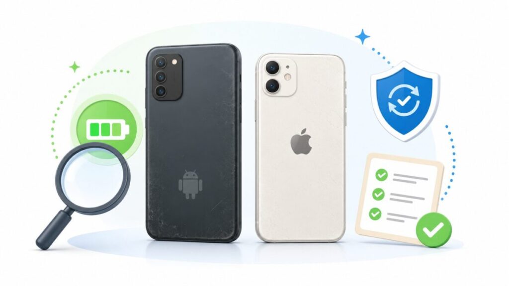 中古のAndroidとiPhoneをバッテリー・更新状況・保証で確認するイメージ