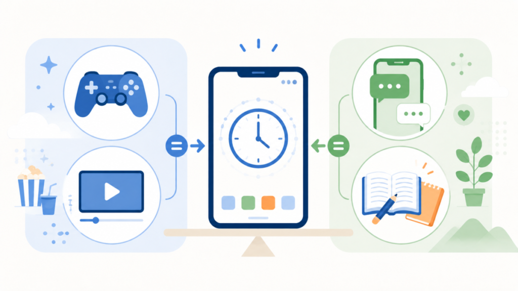 ゲーム・動画・LINE・学習などスマホの利用目的を分けて考えるイメージ