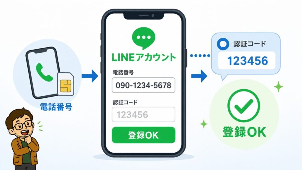 子供用LINEアカウントを電話番号と認証コードで登録する流れ
