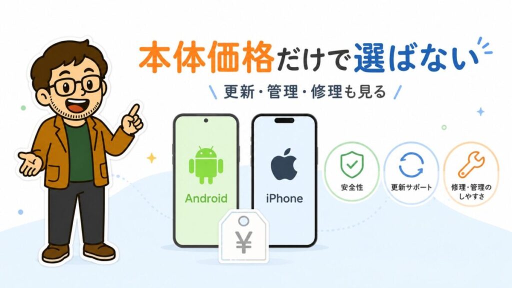 AndroidとiPhoneを本体価格だけでなく、更新・管理・修理まで比較するイメージ