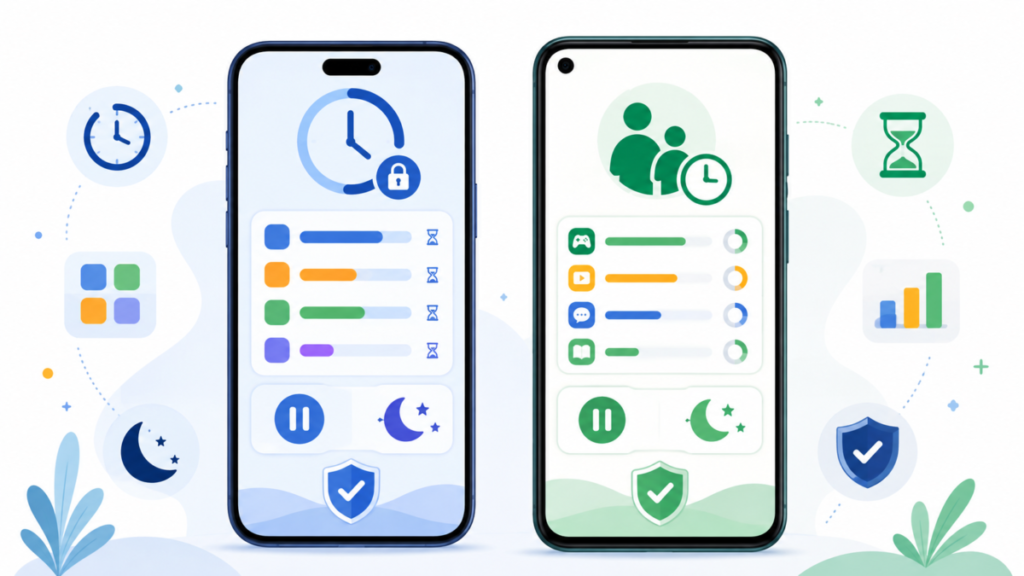 iPhoneのスクリーンタイムとAndroidのFamily Linkで利用時間を制限するイメージ