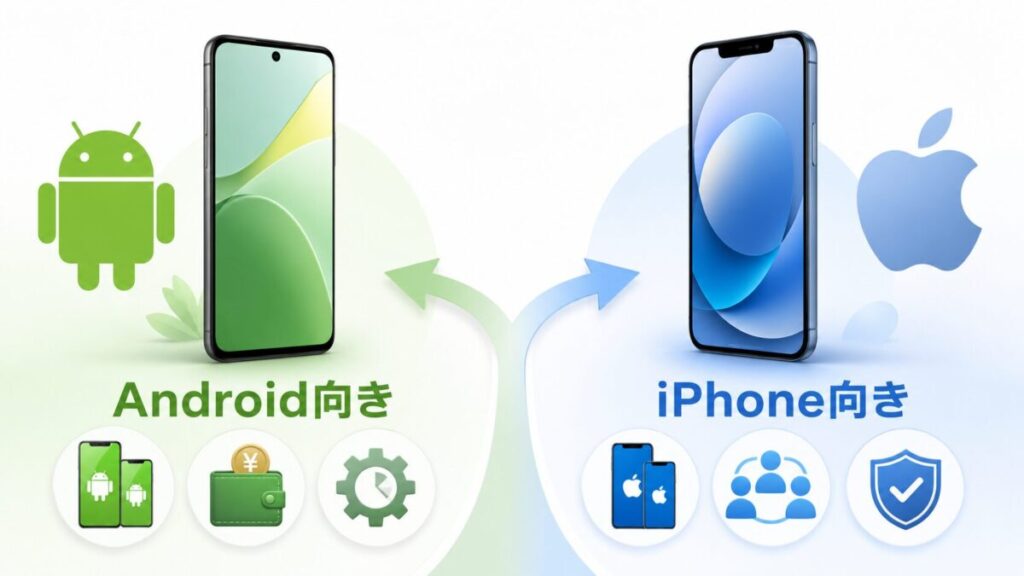 家庭の条件に合わせて、Androidが向いている場合とiPhoneが向いている場合を見比べるイメージ