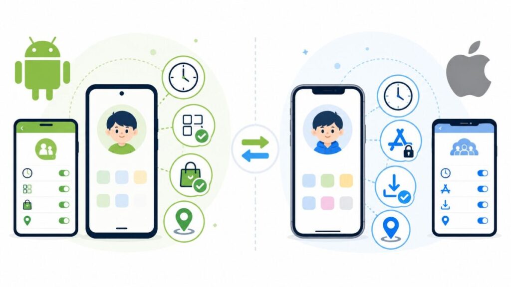 Family Linkとスクリーンタイムで利用時間・アプリ・購入・位置情報を管理する機能を比較した図