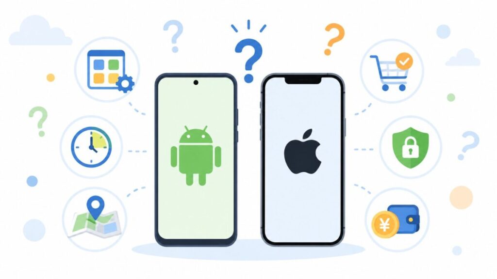小学生のAndroidとiPhone選びで、利用時間・位置情報・課金・安全設定などの疑問を示すイメージ