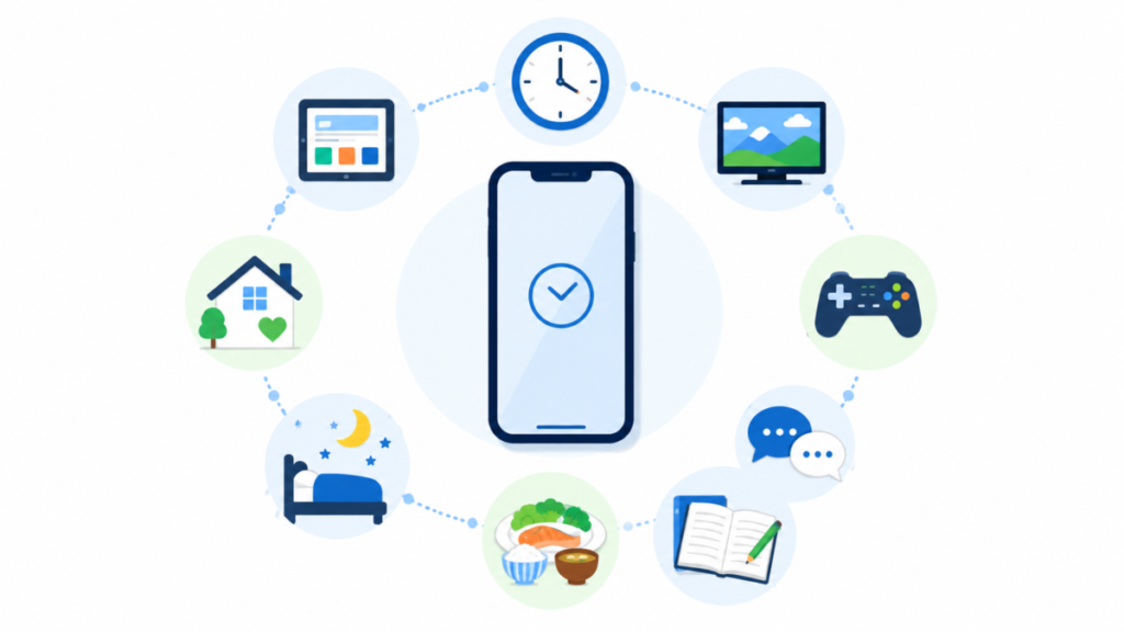 スマホだけでなく睡眠・食事・学習・ゲームなど生活全体のバランスを考えるイメージ