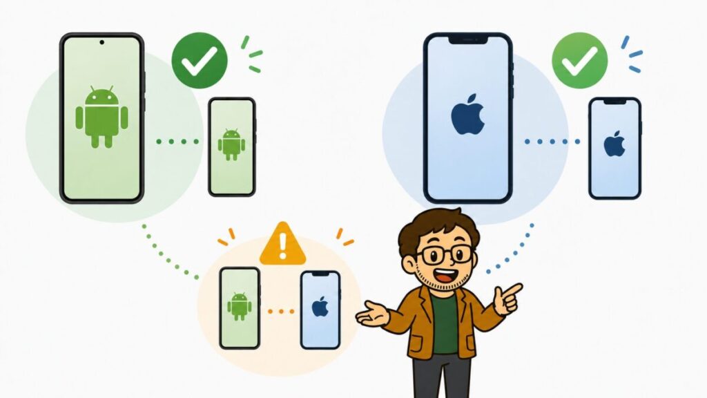 親子で同じOSなら管理しやすく、AndroidとiPhoneを混ぜると注意が必要だと示す比較イメージ