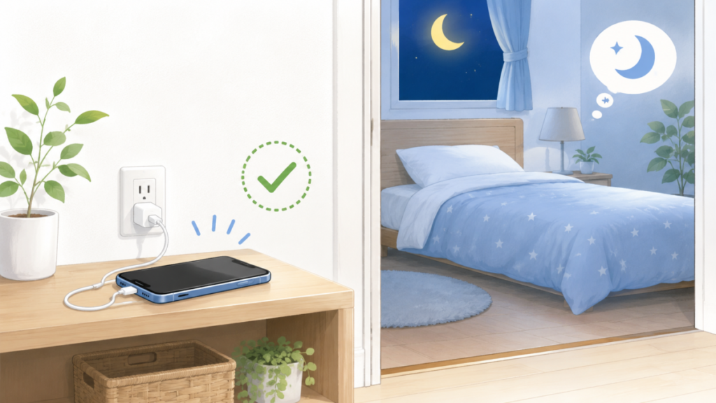 夜中のスマホ利用を防ぐため寝室の外でスマホを充電するイメージ
