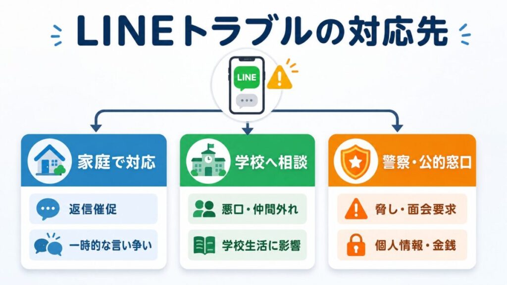 LINEトラブルの内容に応じて家庭・学校・警察のどこで対応するかを判断する図解