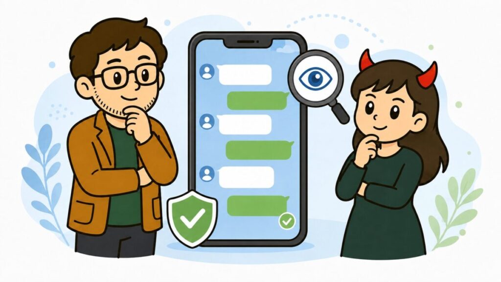 とーちゃんと鬼嫁ちゃんが子供のLINEを確認する範囲について考えるイメージ