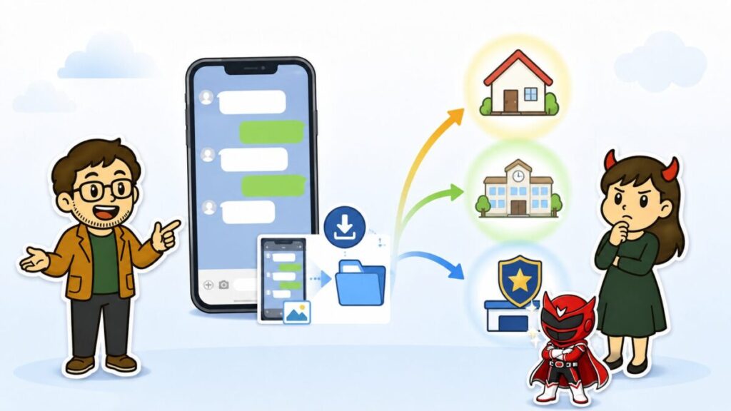 LINEのトーク画面を保存し家庭・学校・警察から適切な相談先を選ぶイメージ