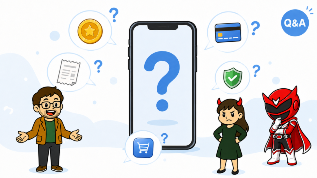 返金や課金防止について疑問を持つとーちゃんたちのイメージ