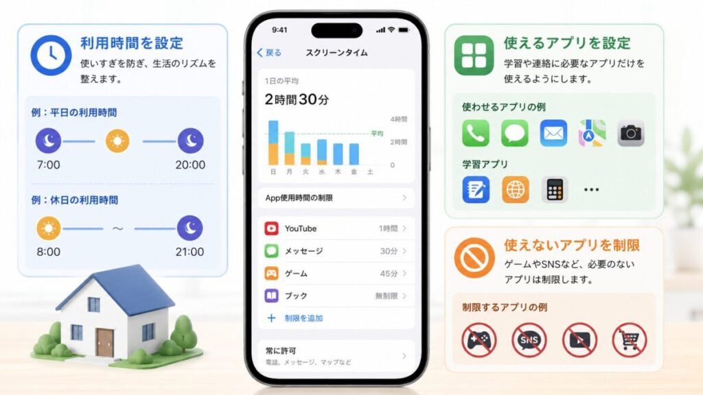 子供のiPhoneで利用時間と使用できるアプリを設定する画面