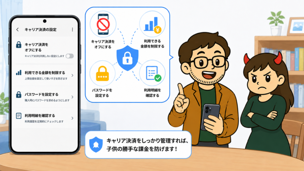 キャリア決済の利用制限や上限設定で子供の課金を防ぐイメージ