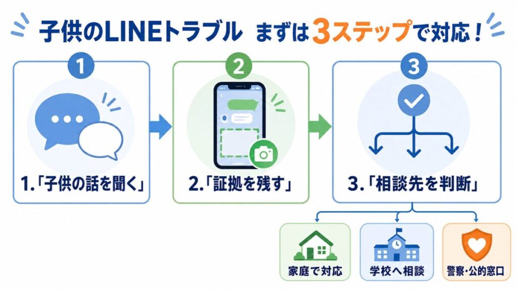 子供の話を聞き証拠を保存して家庭・学校・警察の相談先を判断する流れ