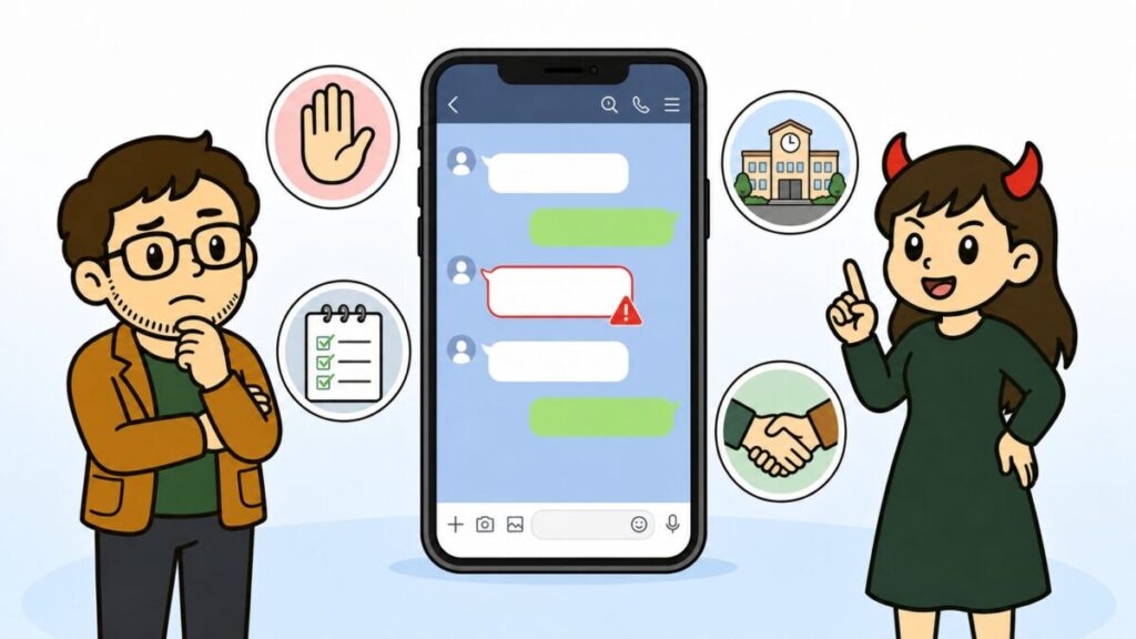 子供がLINEトラブルの加害側だった場合にトークを確認し学校への相談や再発防止を考えるイメージ
