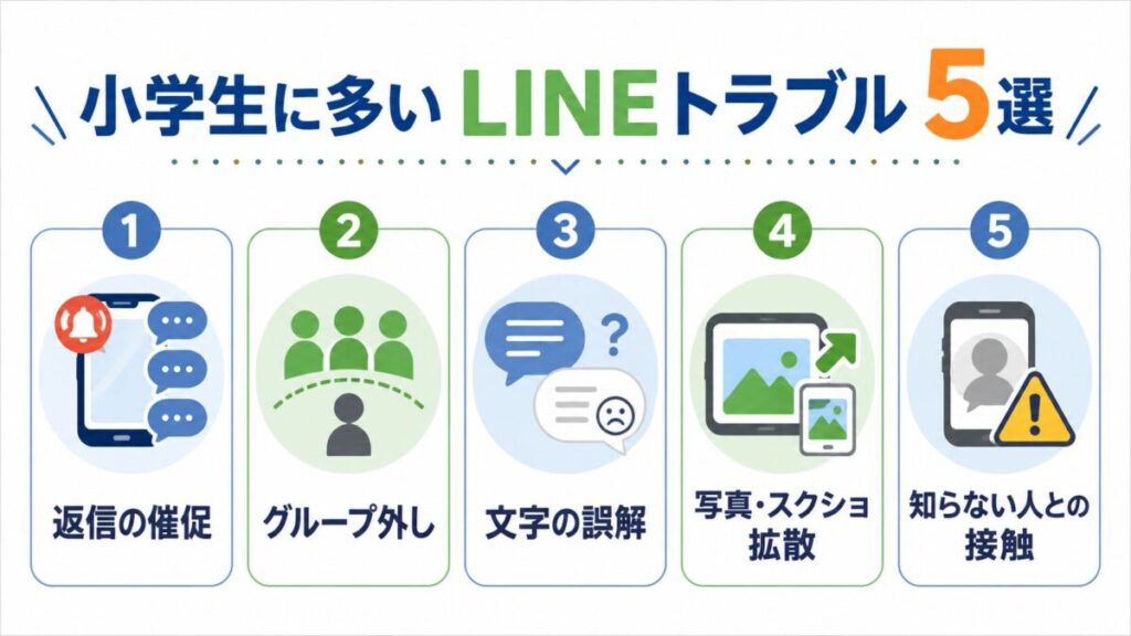 返信催促やグループ外し、会話の誤解、写真拡散、知らない人との接触を表したLINEトラブルのイメージ