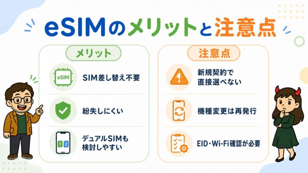 トーンモバイルでeSIMを使うメリットとしてSIM差し替え不要や紛失防止、デュアルSIMを示し、注意点として新規契約で直接選べないことや機種変更時の再発行、EIDとWi-Fi確認の必要性をまとめたイメージ画像