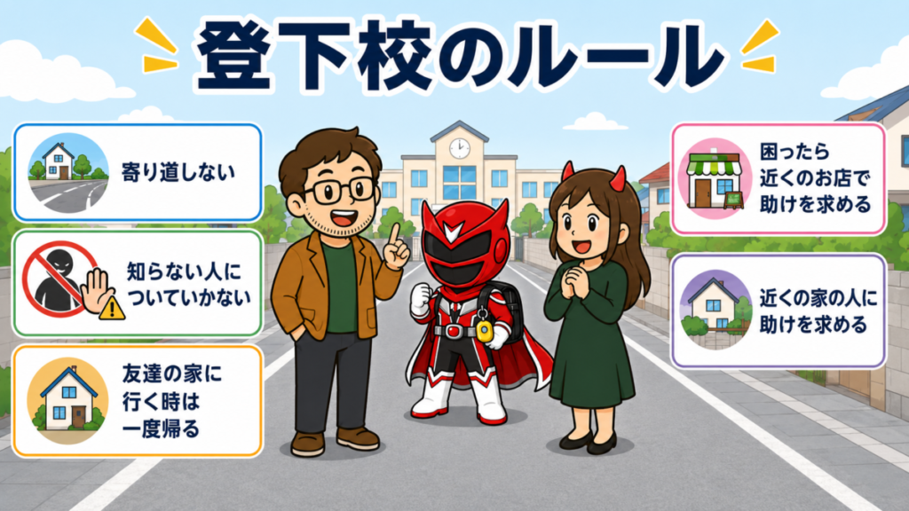 小学生の登下校で寄り道しないことや、困ったときに近くのお店や家の人へ助けを求める家庭ルール