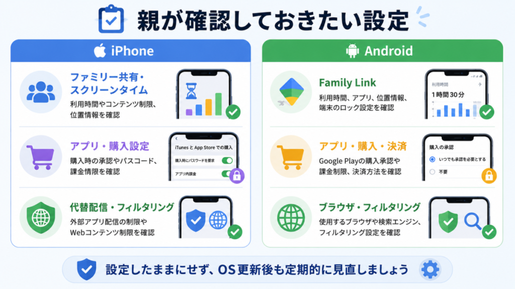 スマホ新法後に親が確認したいiPhoneとAndroidの設定項目を比較した図解