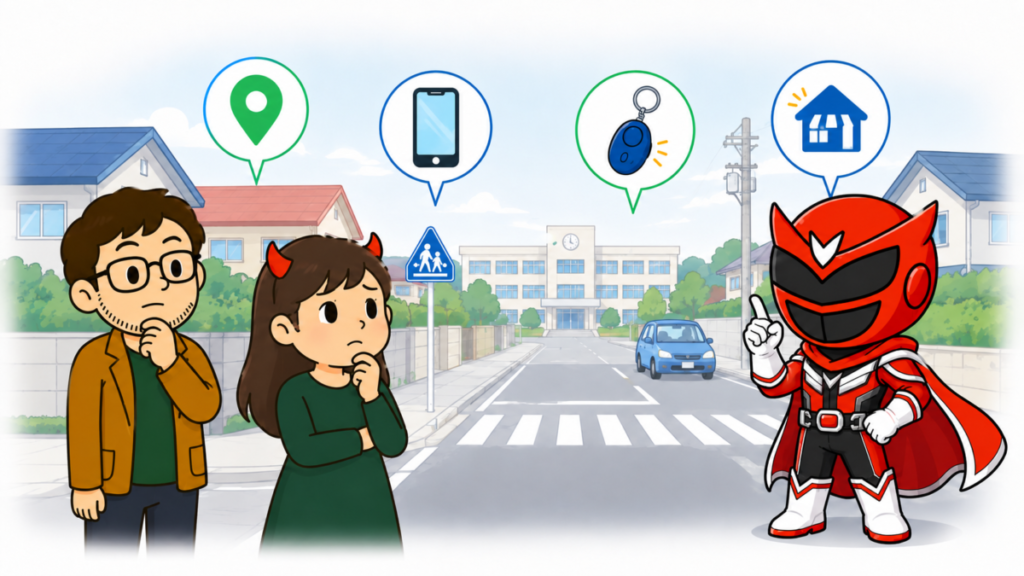 小学生の登下校でGPSやスマホ、防犯ブザーの必要性を考えるイメージ