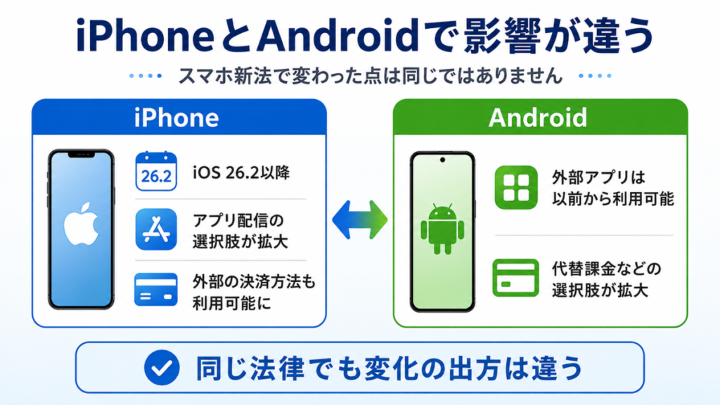 スマホ新法によるiPhoneとAndroidの違いとして、アプリ配信と外部決済の変化を比較した図解